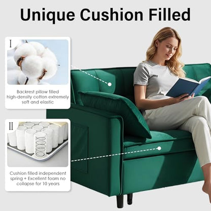 3 in 1 Convertible Sleeper Sofa Bed, Velvet Loveseat Futon Pull-Out Couch with Adjustable Reclining Backrest, Side Pockets and Pillows for Living Room, Bedroom, Apartment, Small Spaces (Green-Velvet) - color: Green-velvet