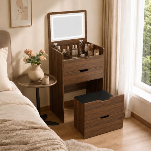 Small Vanity with Mirror and Lights for Small Space, 3-in-1 Compact Makeup Vanity Desk with Storage, Flip Top Vanity Table with Hidden Stool, 3 Color Mode, Drawers & Jewelry Organizer, Mini Vanity Set - color: Walnut+black, size: 23.6"