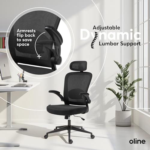 Oline ErgoAir Ergonomic Office Chair – Adjustable Lumbar Support, Flip-Up Armrests, Mesh Computer Desk Chair, Swivel Rolling Executive Gaming Chair for Home & Office (Black) - color: Black