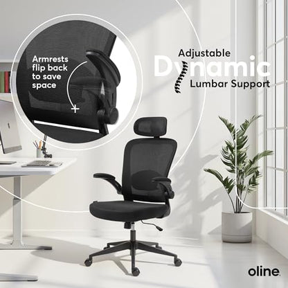 Oline ErgoAir Ergonomic Office Chair – Adjustable Lumbar Support, Flip-Up Armrests, Mesh Computer Desk Chair, Swivel Rolling Executive Gaming Chair for Home & Office (Black) - color: Black