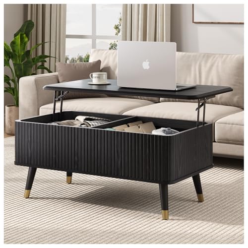 JOINICE 38" Lift Top Coffee Table with Storage for Living Room,Black | Large Hidden Storage,Minimalist Modern Style,Fluted Center Table with Wooden Legs,Lifts to 23",Holds 88lbs,Easy Assembly - color: Black_rectangle