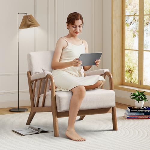 IOMOR Mid Century Modern Accent Chair with Solid Wood Frame Linen Fabric, Upholstered Living Room Chairs with Lumbar Cushion Padded Arms, Reading Armchair for Bedroom (1, Warm Beige) - color: Warm Beige