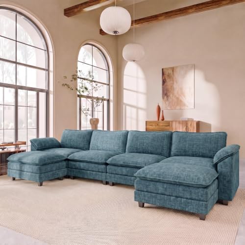 JUMMICO 159" U-Shaped Shaped Sectional Couch, Modular Cloud Sofa, Dark Blue | 2 Movable Ottoman,4 Deep Seats, Sturdy Frame, Comfy Chenille, Easy Assembly, Sleeper Sofa for Living Room, Apartment - color: Dark Blue, size: U Shaped Sofa