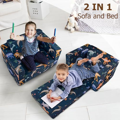 Kids Couch, 2-in-1 Kids Fold Out Couch | Convertible Sofa to Lounger for Girls and Boys, Soft Toddler Chairs Comfy 1-3 Years Old, Dinosaur - color: Dinosaur