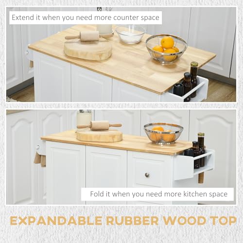 HOMCOM Drop Leaf Kitchen Island on Wheels, Rolling Kitchen Cart with Cabinet, 3 Drawers, Wooden Top, Towel Rack and Spice Rack, White