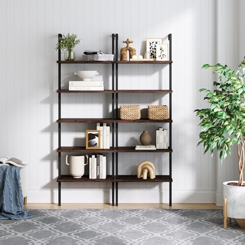Nathan James 65501 Theo 5-Shelf Wood Modern Bookcase, Open Wall Mount Ladder Bookshelf with Industrial Metal Frame, Dark Walnut Brown/Black, Set of 2 - color: Theo Nutmeg/Black, size: Set of 2