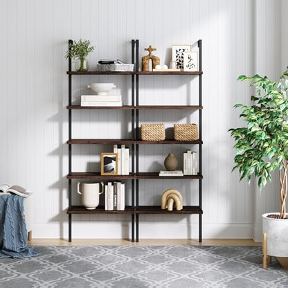 Nathan James 65501 Theo 5-Shelf Wood Modern Bookcase, Open Wall Mount Ladder Bookshelf with Industrial Metal Frame, Dark Walnut Brown/Black, Set of 2 - color: Theo Nutmeg/Black, size: Set of 2