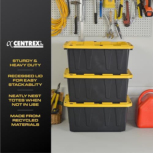 CX Heavy Duty 17-Gallon Stackable Plastic Storage Bins with Lids, 4 Pack | Storage totes for garage organization, Stackable containers, weather-resistant, snap lid, 12.5H x 18W x 26.9D, Black/Yellow - size: 17 Gallons