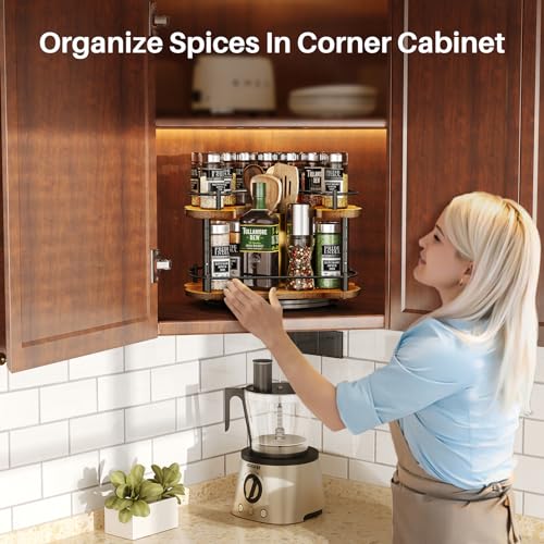 SNTD Lazy Susan Spice Rack Organizer for Cabinet, Wood, Vintage, 12 in | Rotating Turntable, Height Adjustable, Space-Saving D-Shape Design, Revolving Spice Storage for Kitchen Countertop Pantry - color: Vintage, size: 12 Inch