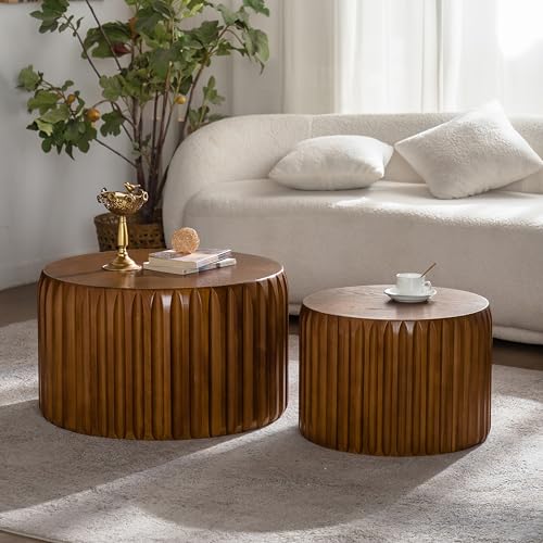 45.07'' Round Coffee Table Set of 2, Modern Mid-Century Circle Fluted Drum Nesting Coffee Table for Living Room, No Assembly, Walnut - color: 45.07in-walnut