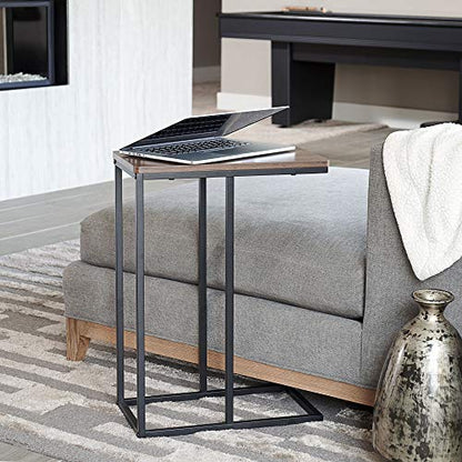 Household Essentials Jamestown C-Shaped for Accessiblity Side End Table Mid Century Walnut Wood Grain and Black Metal - color: Walnut