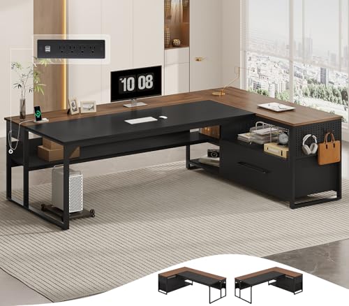 71" Executive Desk, L Shaped Office Desk with Widen File Drawers | Reversible Large Corner Computer Desk with Cabinet,Power Outlets,Storage Shelves,CPU Stand, Hooks,Business Furniture Walnut - color: Walnut, size: Widen Drawer