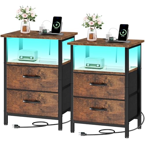 Nightstands Set of 2 Charging Station, End Tables with LED Lights, Bedside Table with 2 Fabric Drawers & Storage Shelves, 24.2" Tall Side Table Night Stand Set 2 for Bedroom, Rustic Brown - color: Rustic Brown, size: 2 Pieces, style: With LEDs