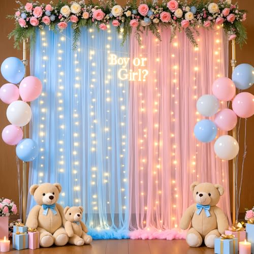 10ft x 8ft Pink Blue Tulle Photo Backdrop Curtain with Lights String for Gender Reveal Sheer Curtain Back Drop Baby Shower Backdrop for Boy or Girls Birthday Party Photo Booth Background Decorations - color: Pink Blue, size: 10ft x 8ft ( 5ft(W) x 8ft(H),