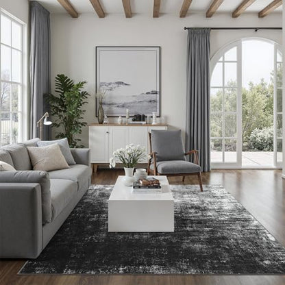 DCX Washable Abstract Area Rug 6x9, Non Slip Low Pile Rug, Black | Easy to clean, non-shedding, soft, kid & pet friendly, with a non-slip rubber backing for living rooms, bedrooms, and offices - color: Black, size: 6' x 9' (Rectangular)