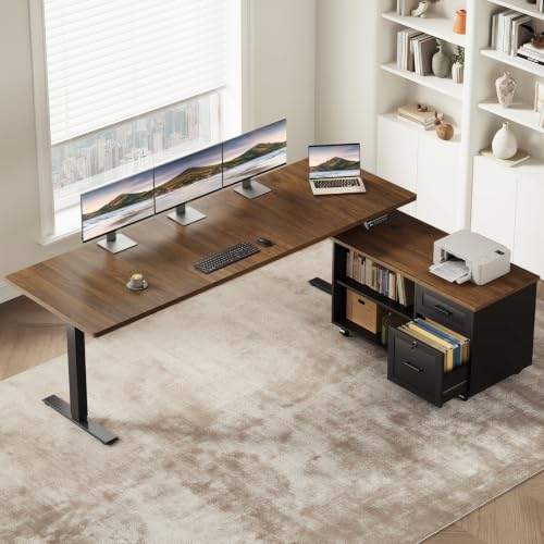 71" L Shaped Electric Standing Desk with Cabinet Sets, Walnut/Black | Mobile Drawers & File Cabinet Sets for Flexible Layout, Height Adjustable Executive Stand Up Desk for Home Office Workstation - color: Walnut+black, size: 71 Inch