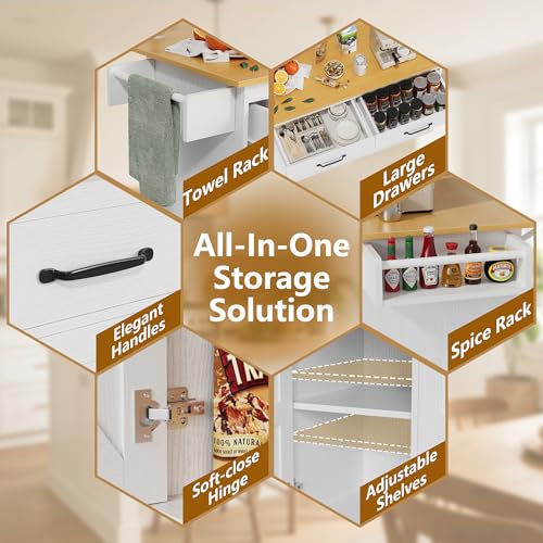 YESHOMY 56" Kitchen Island with Trash Can Storage, Drop Leaf Kitchen Island with Storage, 2 Drawers, 5 Wheels, Spice Rack & Towel Holder, White and Yellow Oak - color: White and Yellow Oak