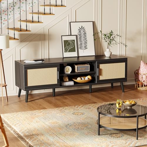 SUPERJARE TV Stand for 65 Inch TV, Entertainment Center with Adjustable Shelf, Rattan TV Console with 2 Cabinets, Media Console, Solid Wood Feet, 4 Cord Holes, for Living Room, Black - color: Black, size: 53.9"