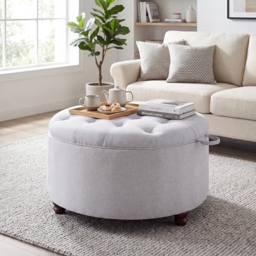 30" Round Storage Ottoman Coffee Table, Tufted Lid & Wood Top, Gray | Nailhead Trim Solid Wood Legs Extra Large Footrest Linen-Like Fabric - color: Grey