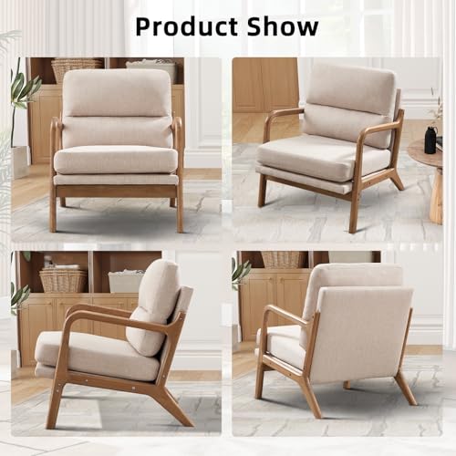 IOMOR Mid Century Modern Accent Chair, Linen Fabric Upholstered Lounge Armchair with Solid Wood Frame and Soft Cushion for Living Room, Bedroom (1, Linen Beige) - color: Linen Beige