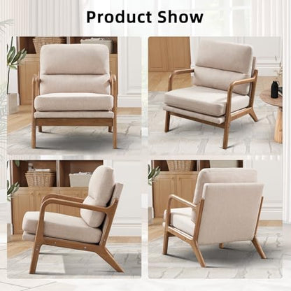 IOMOR Mid Century Modern Accent Chair, Linen Fabric Upholstered Lounge Armchair with Solid Wood Frame and Soft Cushion for Living Room, Bedroom (1, Linen Beige) - color: Linen Beige
