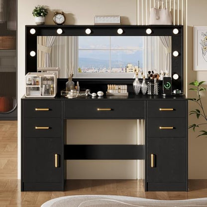TOKSOM 44.8" Large Vanity Desk with Lighted Mirror & Power Outlet, Black Makeup Vanity Desk with Mirror and Lights, Black Vanity Table with 5 Drawers and 2 Cabinets, Dressing Table for Bedroom - size: 44.8 inch, style: Modern Black