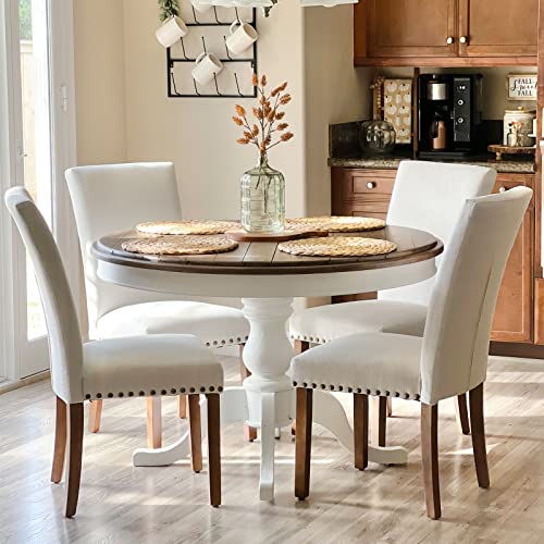 COLAMY Upholstered Parsons Dining Chairs Set of 4, Fabric Dining Room Kitchen Side Chair with Nailhead Trim and Wood Legs - Beige,No Table - size: set of 4