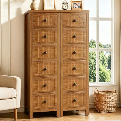 52.55" Tall 6 Drawer Dresser, Wood Chest of Drawers with Fluted Panel | Slim Storage Organizer with Anti-Tipfor Kit Small Spaces,Multipurpose Cabinet for Bedroom, Closet, Hallway, Nursery,Walnut, - size: 11.8"D x 15.7"W x 52.6"H (6 Drawers)