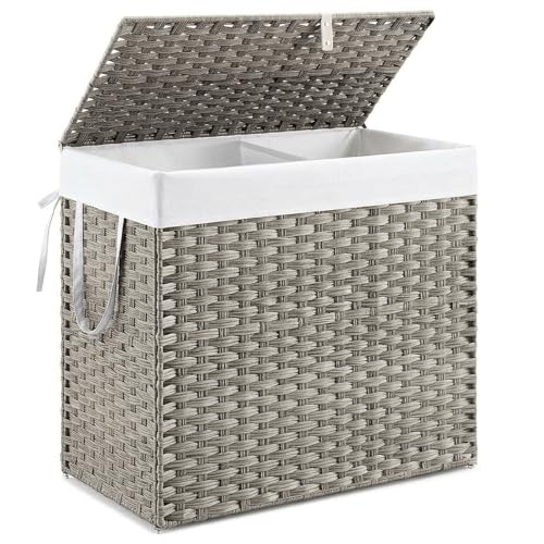 NEWBULIG 110L Extra Large Divided Laundry Hamper with Lid, 2 Section Collapsible Dirty Clothes Basket, Dual Removable Liner Bags for Bedroom, Bathroom, Closet and Dorm Room Organization Grey - color: Grey