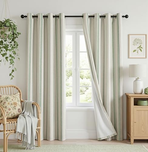 MYSKY HOME Green Striped 100% Blackout Curtains 84 Inches Long Linen Blended Double Layer Farmhouse Ticking Stripe Pinstripe Patterned Drapes for Bedroom Living Room, Grommet, 2 Panels, 52" Wide - color: Green/Blackout, size: 52"W x 84"L (Pack of 2)