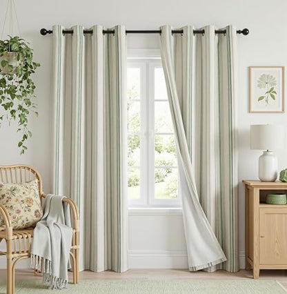 MYSKY HOME Green Striped Curtains 96 Inches Long for Living Room 100% Blackout Linen Farmhouse Green Ticking Stripe Pinstripe Patterned Double Layer Drapes, Grommet, 2 Panels, 52" Wide - color: Green/Blackout, size: 52"W x 96"L (Pack of 2)