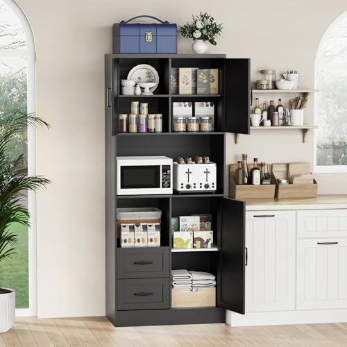 Farmhouse Kitchen Pantry Cabinet with LED Lights and Power Strip, Tall Kitchen Storage Cabinet, Kitchen Hutch with Microwave Stand & Barn Doors and Drawers for Dining Room - color: Black, style: Modern