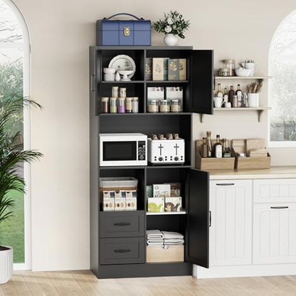 Farmhouse Kitchen Pantry Cabinet with LED Lights and Power Strip, Tall Kitchen Storage Cabinet, Kitchen Hutch with Microwave Stand & Barn Doors and Drawers for Dining Room - color: Black, style: Modern