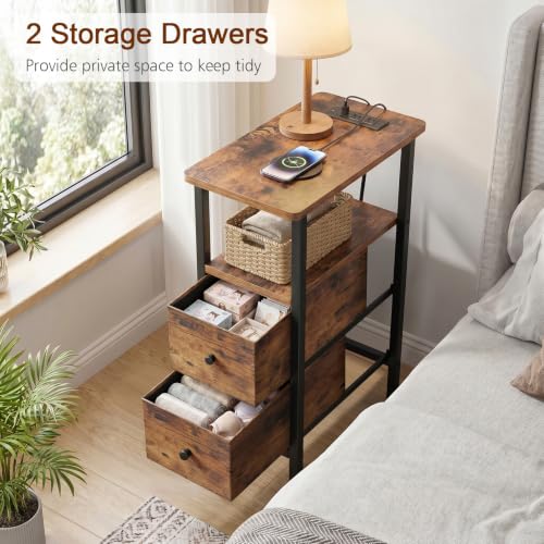 Narrow End Table with Charging Station, Small Nightstand | Skinny Side Tables Living Room with 2 Fabric Drawers, Slim Bedside Table for Bedroom, Small Spaces, Couch, Rustic Brown - color: Rustic Brown, size: 23.22''H (2 Drawers), style: Power