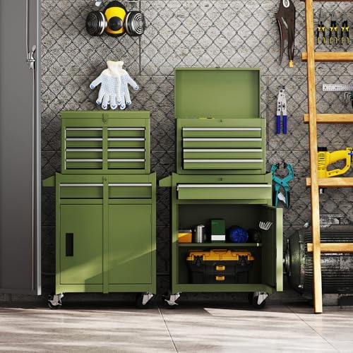 Goplus Tool Chest, 5 Drawers Rolling Tool Cabinet with Detachable Top Toolbox, Universal Lockable Wheels, Lock Bar, Protective Liner & Tool Rack, Metal Tool Storage Cart, Tool Box for Garage Workshop - color: Olive Green, style: 5-Drawers