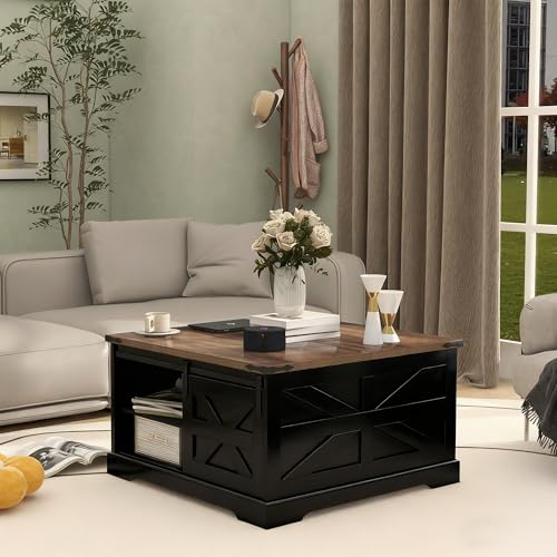 TaoHFE Black Lift Top Coffee Table with Storage,Rustic Black Farmhouse Coffee Table, Square Storage Compartment and Adjustable Shelves Coffee Tables for Living Room - color: Black