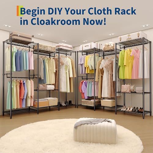 Freestanding Heavy Duty Garment Rack with Adjustable Shelves and Hanging Rods, Large 1630 Lbs Capacity Portable Closet Organizer for Bedroom or Cloakroom Storage, Black - size: (2x3x2)67.6"D x 15.5"W x 76.5"H