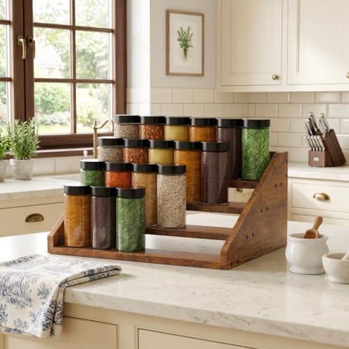 4 Tier Wood Spice Rack Organizer for Cabinet, Super Sturdy Display Riser Shelf Seasoning Organizer for Countertop Pantry Cupboard, Retro Storage Holder for Kitchen Condiment Jar Spice Container - color: Rustic Brown, 4 Tier