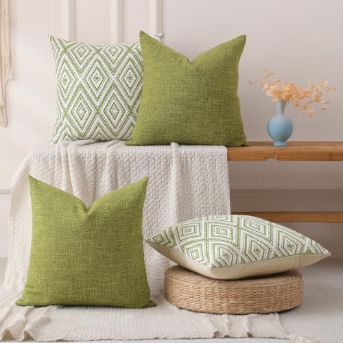 HPUK Throw Pillow Covers 18x18, 4 Pack, Green Textured Couch Pillow Covers | Polyester fabric, patterned and solid designs, hidden zippers, machine washable, for sofas and beds, inserts not included - color: Green, size: 18" x 18" (Pack of 4)