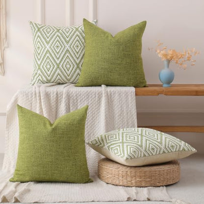 HPUK Throw Pillow Covers 18x18, 4 Pack, Green Textured Couch Pillow Covers | Polyester fabric, patterned and solid designs, hidden zippers, machine washable, for sofas and beds, inserts not included - color: Green, size: 18" x 18" (Pack of 4)