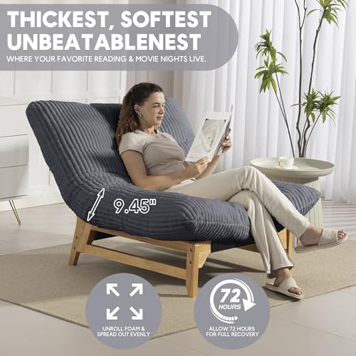 Modern Accent Chair for Living Room, Comfy Corduroy Chaise Lounge with Solid Wood Base, Oversized Single Sofa Reading Armchair with Thick Padded Cushion for Bedroom Small Spaces, Dark Grey
