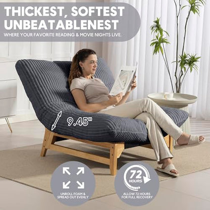 Modern Accent Chair for Living Room, Comfy Corduroy Chaise Lounge with Solid Wood Base, Oversized Single Sofa Reading Armchair with Thick Padded Cushion for Bedroom Small Spaces, Dark Grey