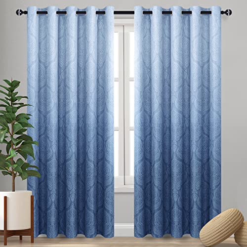 DWCN Ombre Blackout Curtains for Bedroom - Damask Patterned Thermal Insulated Energy Saving Grommet Curtains for Living Room, Set of 2 Gradient Window Curtain Panels, 60 x 84 Inch Length, Navy Blue - color: Navy Blue, size: 60"W x 84"L (Pack of 2)
