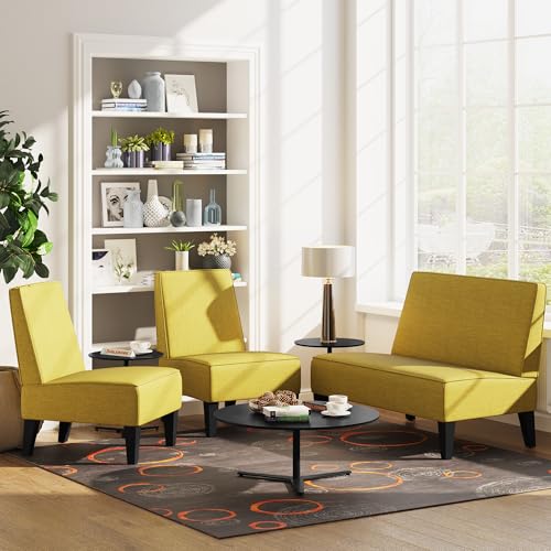 Armless Accent Chairs Set of 2, Green Upholstered Linen Slipper Chair with Solid Wood Legs, Mid Century Modern Side Chairs for Small Living Room Bedroom Apartment Reading Nook - color: Green