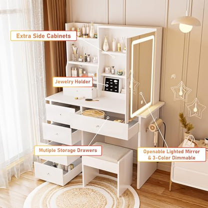 Vanity Desk with Mirror and LED Lights, Makeup Vanity Set with Power Outlet, and Stool,Jewelry Storage,White Vanity Desk for Bedroom - style: White
