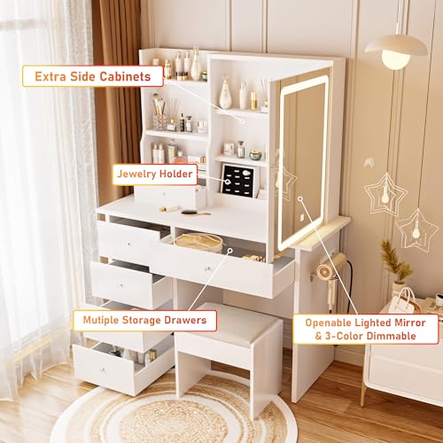 Vanity Desk with Mirror and LED Lights, Makeup Vanity Set with Power Outlet, and Stool,Jewelry Storage,White Vanity Desk for Bedroom - style: White