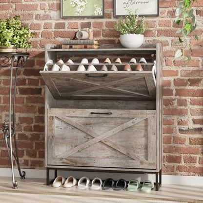 Maupvit Shoe Storage Cabinet with 2 Flip Drawers, Freestanding Organizer with Metal Legs for Entryway, Narrow Shoe Rack Cabinet, Light Rustic Oak - color: Light Rustic Oak, style: 2-Drawers