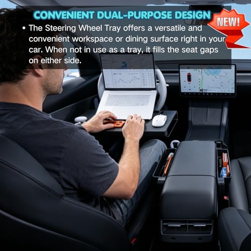 2-in-1 Car Steering Wheel Desk & Seat Gap Organizer Filler Tray | Foldable Adjustable Height Car Desk for Laptop Computer Tablet, Eating - Portable Table for Car Workstation Truck SUV Tesla
