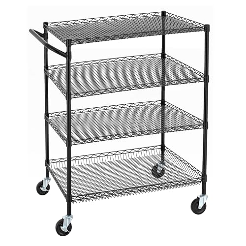 Finnhomy 4 Tier Heavy Duty Commercial Grade Rolling Cart with Handle Bar, Metal Wire Utility Cart with Wheels, Service Trolley on Wheels, Shelf Size 24" D x 36" W, NSF, Black - size: 36"L x 24"W x 46.7"H-4 Tier, style: Black Cart