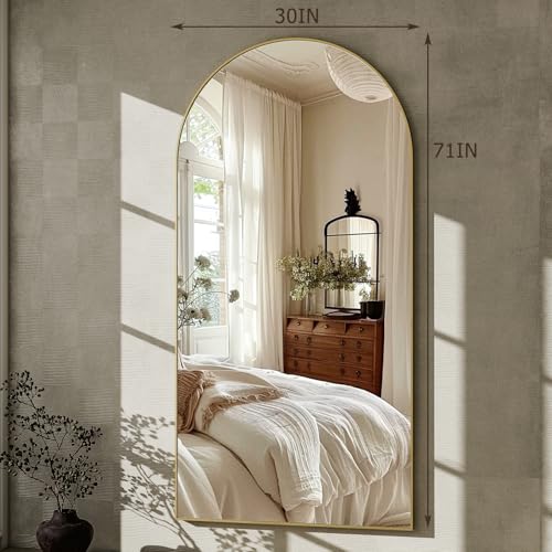 30x71 Arched Full Length Mirror, Large Full Body Floor Mirror, Gold | Aluminum Alloy Frame Shatterproof Glass, Free Standing Leaning Hanging Mounted Mirror for Bedroom, Living Room, Dressing Room - color: Gold, size: 71"L x 30"W